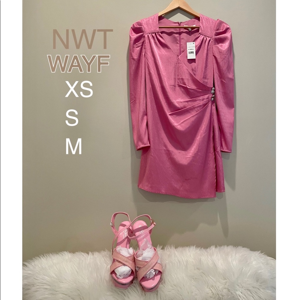 NWT pink jacquard silky long sleeves puff mini drape wrap rhinestone WAYF S